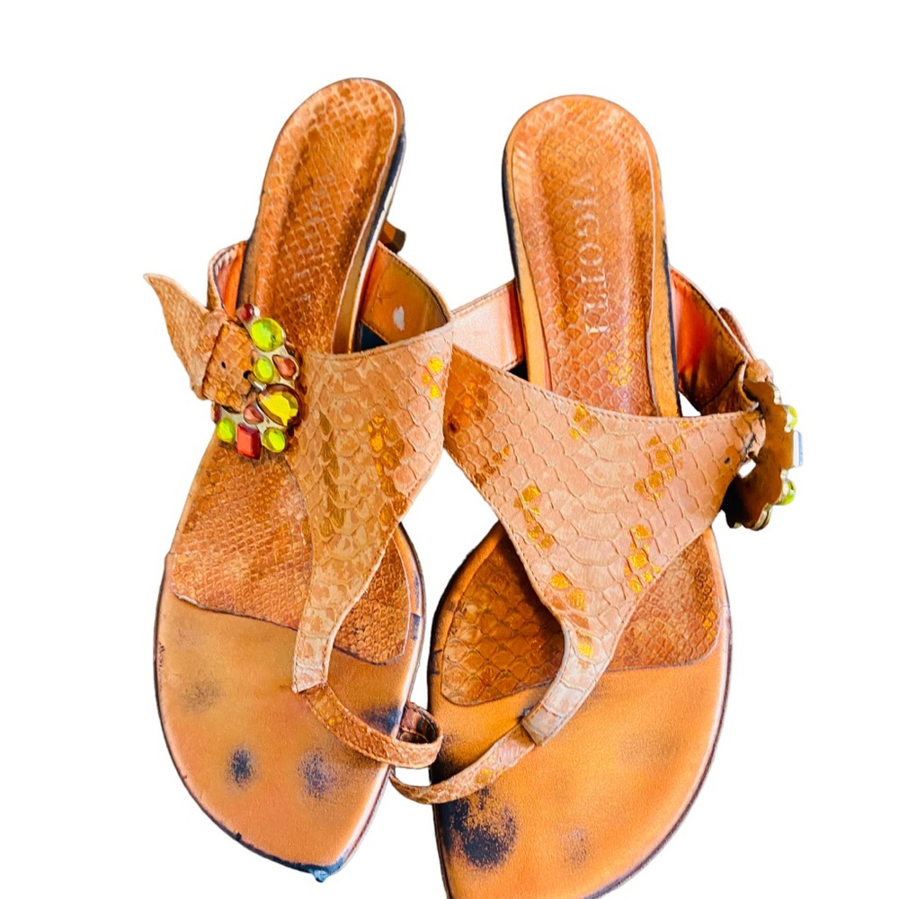 Vigotti Kitten Heel Orange Jeweled Leather Sandals